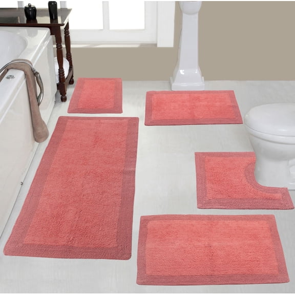 Home Weavers Luxury Collection 100% Cotton Reversible Bathroom Rug Set Machine Washable Bathroom Rug, Bath Rug, U Shaped Contour, Runner, Bathroom Rug, Coral Color 5 Piece Bath rug set