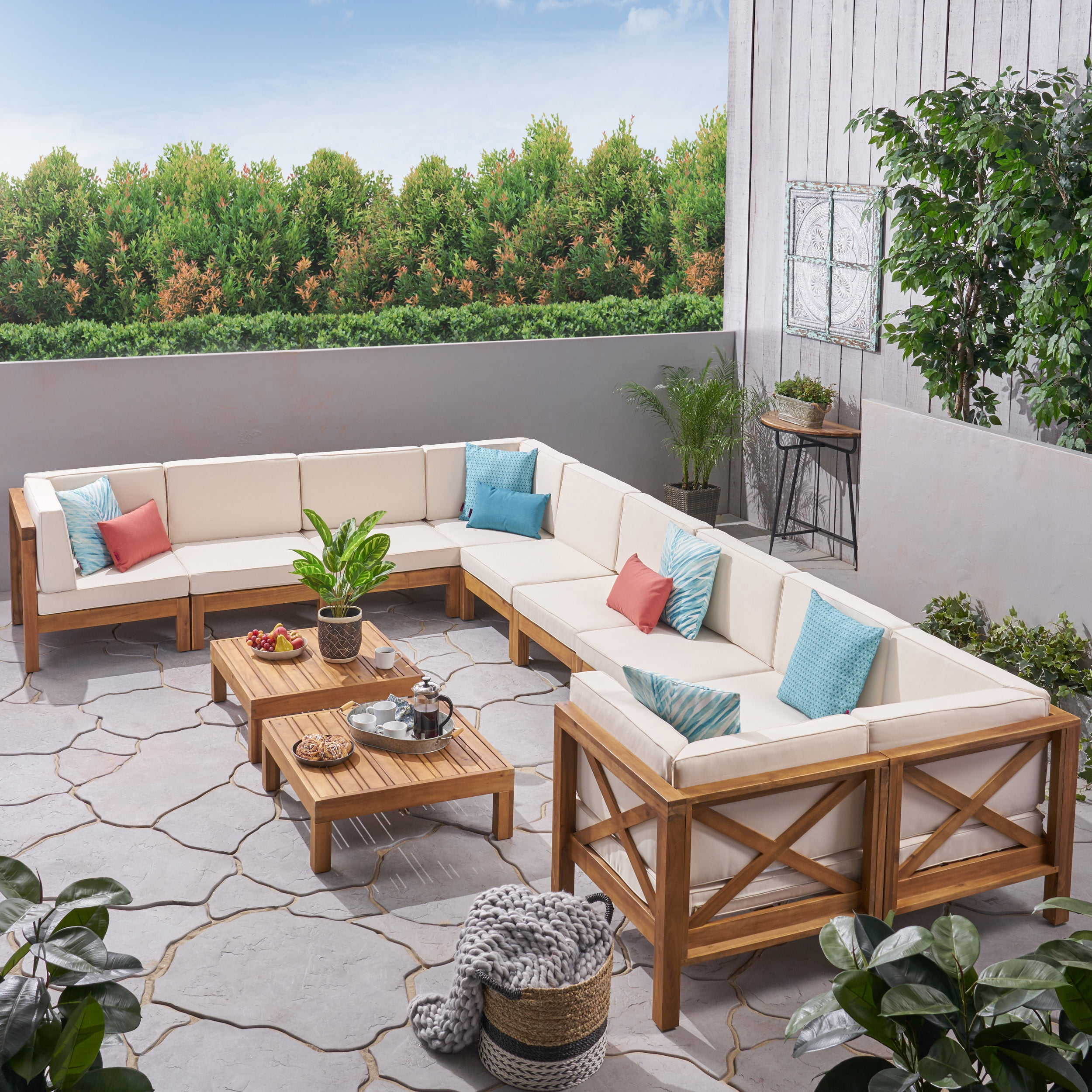 GDF Studio Keith Outdoor Acacia Wood 10 Seater Sectional Sofa Set