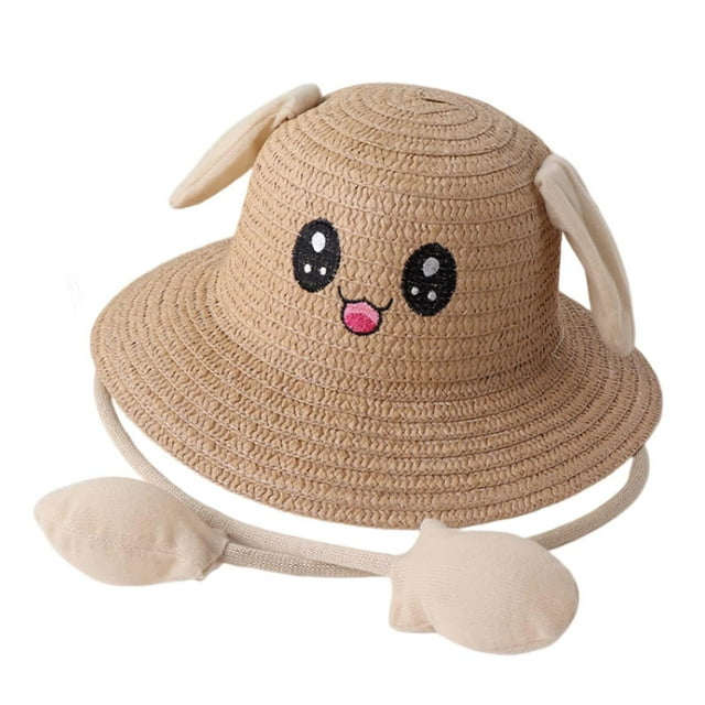 Movable Rabbit Ears Straw Hat Cute Children Beach Hat for Summer Short Trips Khaki