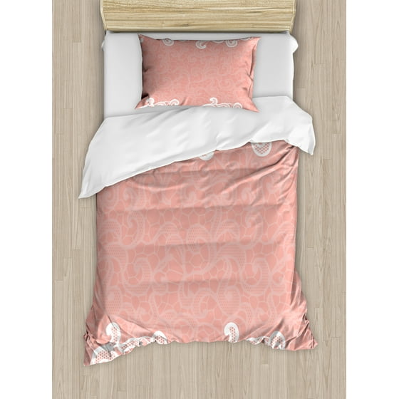 Peach Duvet Cover Set Lace Design On Soft Colored Background Peach Duvet Cover Set Lace Design On Soft Colored Background Ornamental Pattern Wedding Inspired Image Decorative Bedding With Pillow Shams