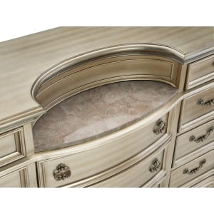 Silver Finish Dresser with Egg and Dart Base Moldings, Bead Molding, Acanthus Leaf Carvings, and Genuine Marble Inset Top"