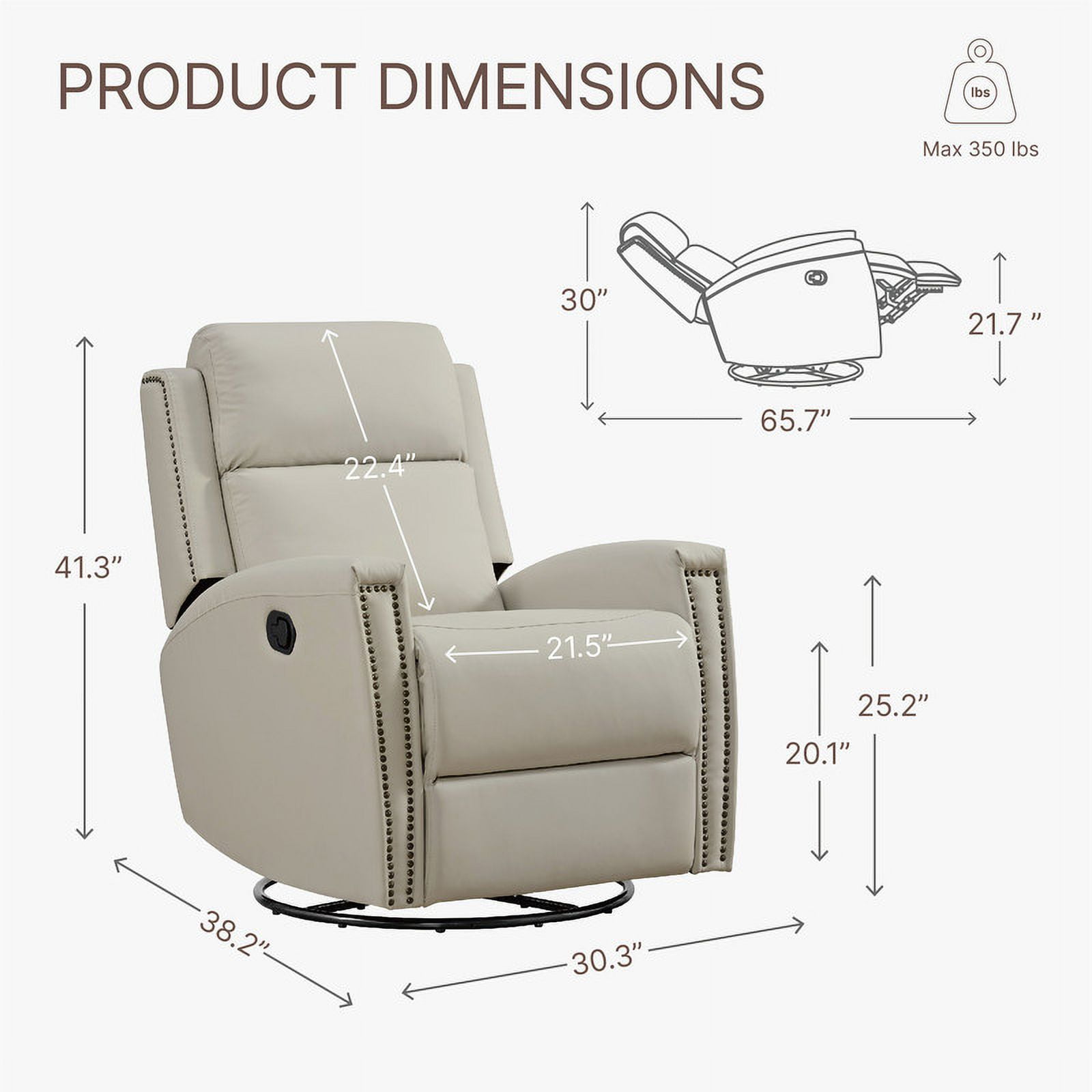 CHITA Faux Leather Swivel Glider Recliner with Nailhead Trim, Nursery Chair, Beige