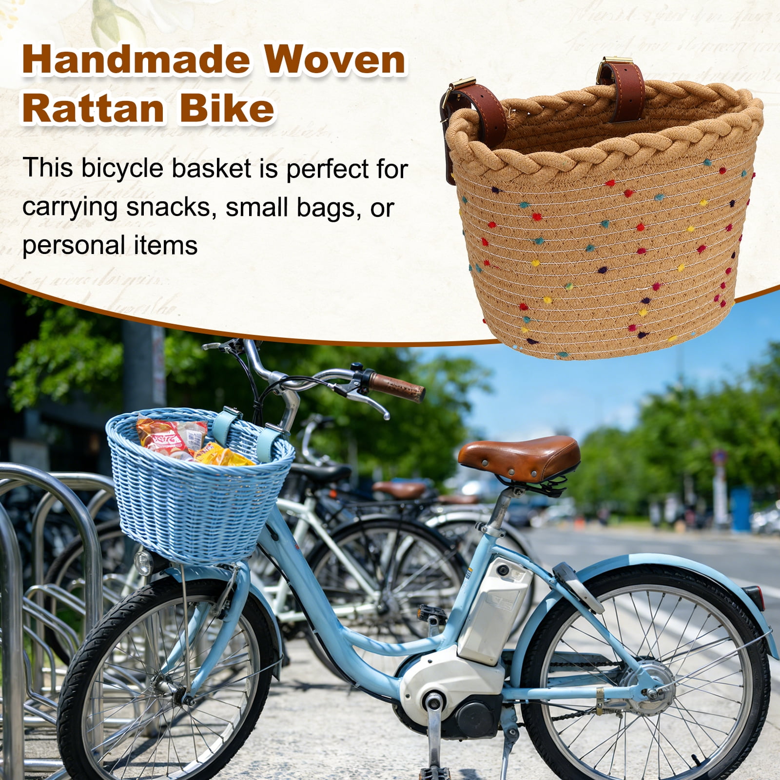 Uxcell Bike Basket, Cotton Rope Bicycle Basket Adjustable Front Baskets with 2 Leather Belt Buckles Unisex Strong Load 8.8 x 6.7 x 6.5" & Khaki-Fitting For(Bikes/Tricycle/Scooters)
