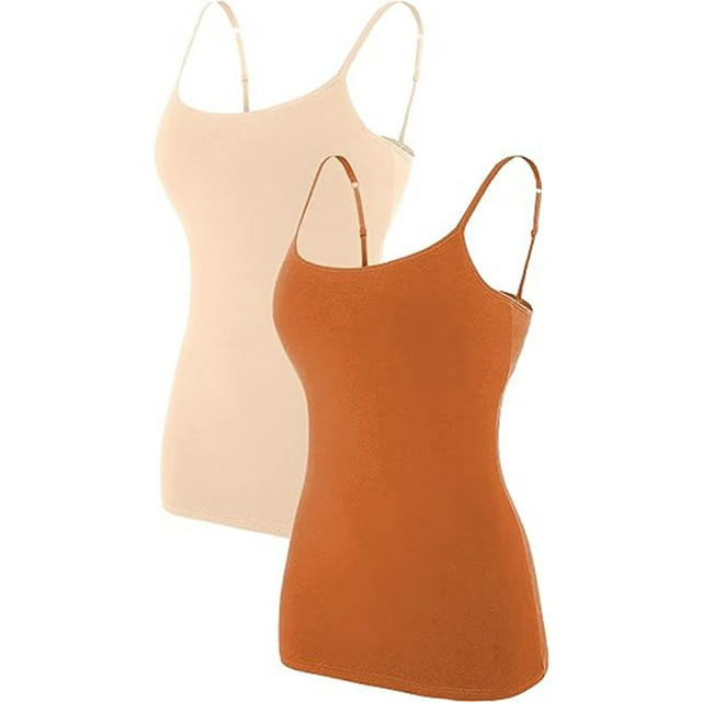 Charmo Women's Basic Cami Adjustable Spaghetti Strap Built in Bra Tank Top 2 Pack