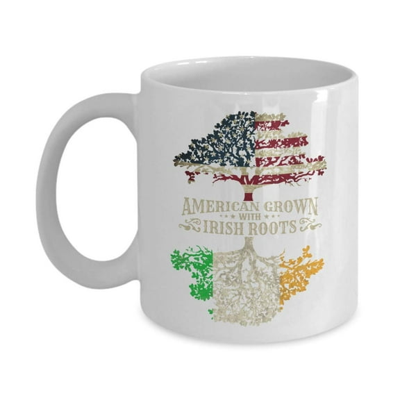 American Grown With Irish Roots Flag Of America & Ireland Tree Art Coffee & Tea Gift Mug Cup, Home Décor, Kitchen Table Accessories, St. Patrick's Day Gifts, Party Decorations & Items For Men & Women