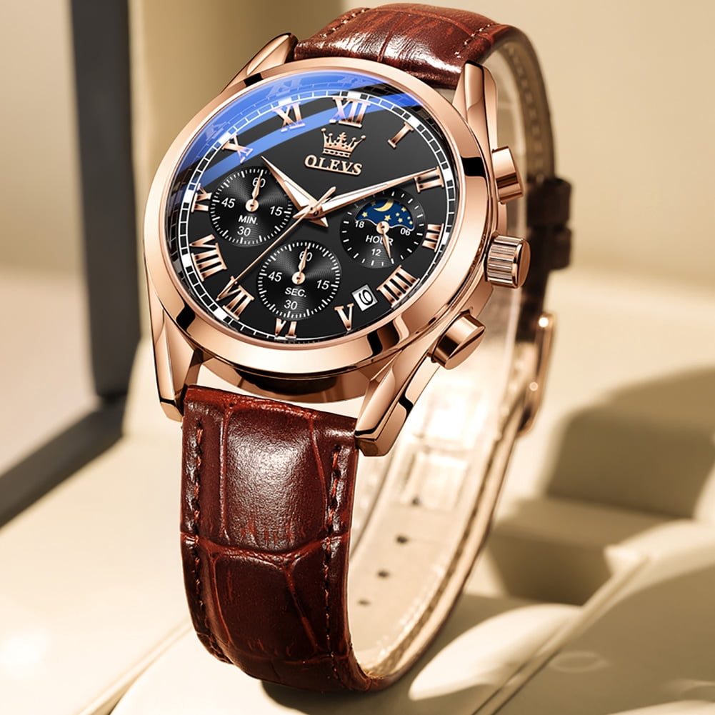 OLEVS Mens Watches Luxury Chronograph Moon Phase Waterproof Luminous Brown Leather Strap Date Rose Gold Classic Watch for Men