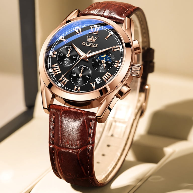 OLEVS Men's Chronograph Moon Phase Leather Strap Watch photo 8