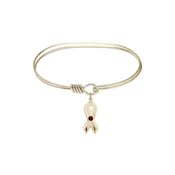 7 inch Oval Eye Hook Bangle Bracelet w/ Cancer Awareness medal charm w/ January Red Swarovski Crystal