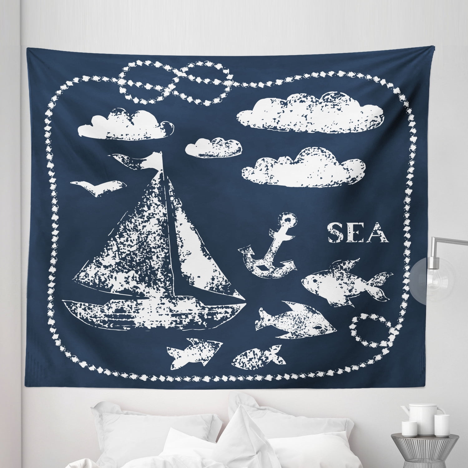 Navy Blue Tapestry, Sea Themed Hand Print Grunge Elements Marine ...