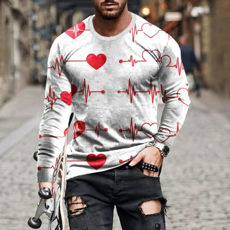 YYDGH Mens Long Sleeve T-Shirt Fashion 3D Funny Heart Print Valentine's Day  Sweater Round Neck Casual Plus Size Shirts Blouse Tops(10#White,M)