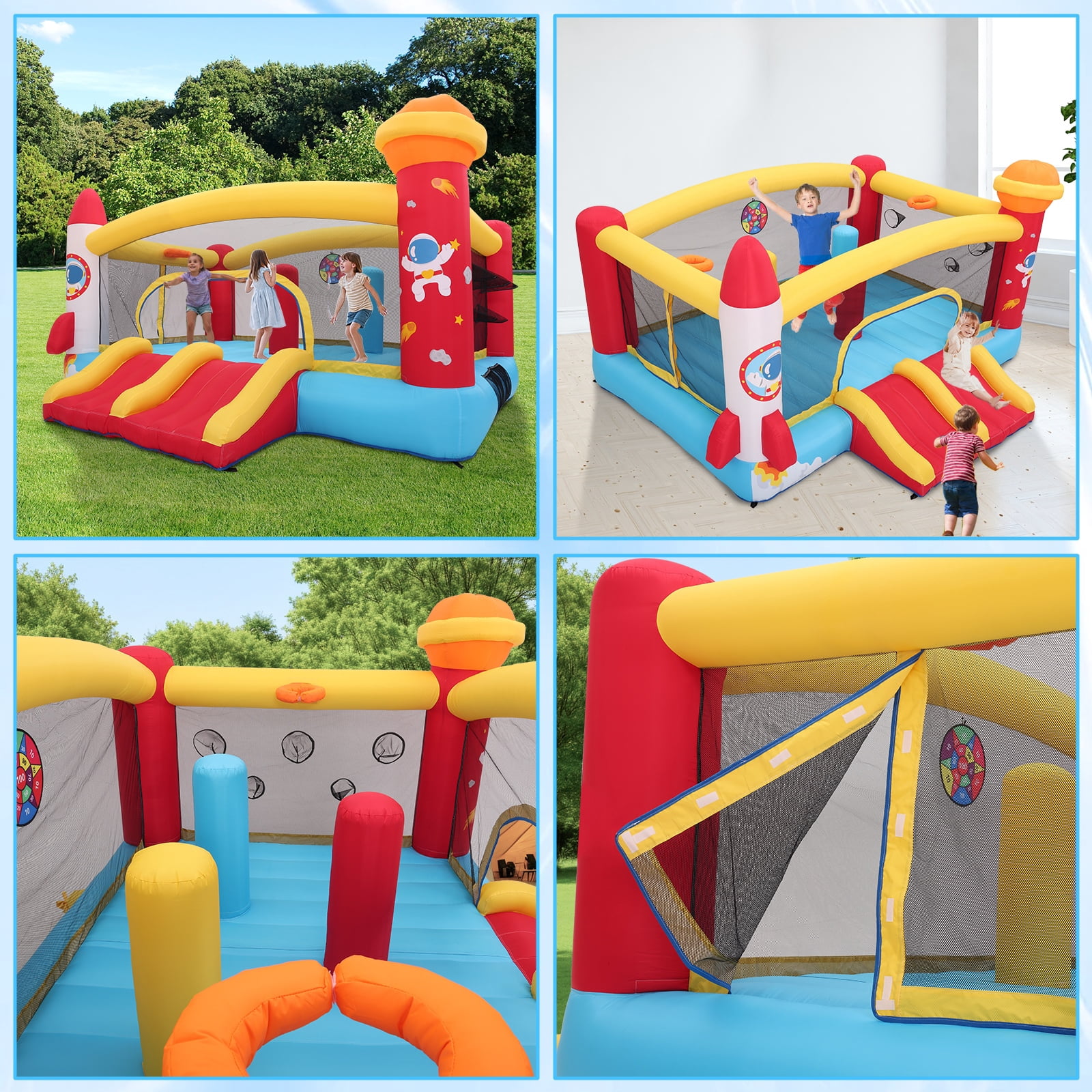 Funcid Inflatable Bounce House Double Slide for Big Kids, 13.1x11.2x7.1ft Inflatable Bounce with 3 Punching Bag Large Space Rocket Blow Up Bouncy Castle Obstacle Course & Blower