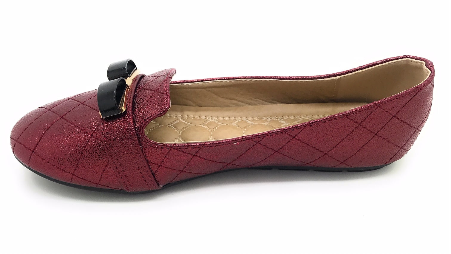 Victoria K Techno Shine Quilted Texture Black Bow Ballerina Flats (Women)