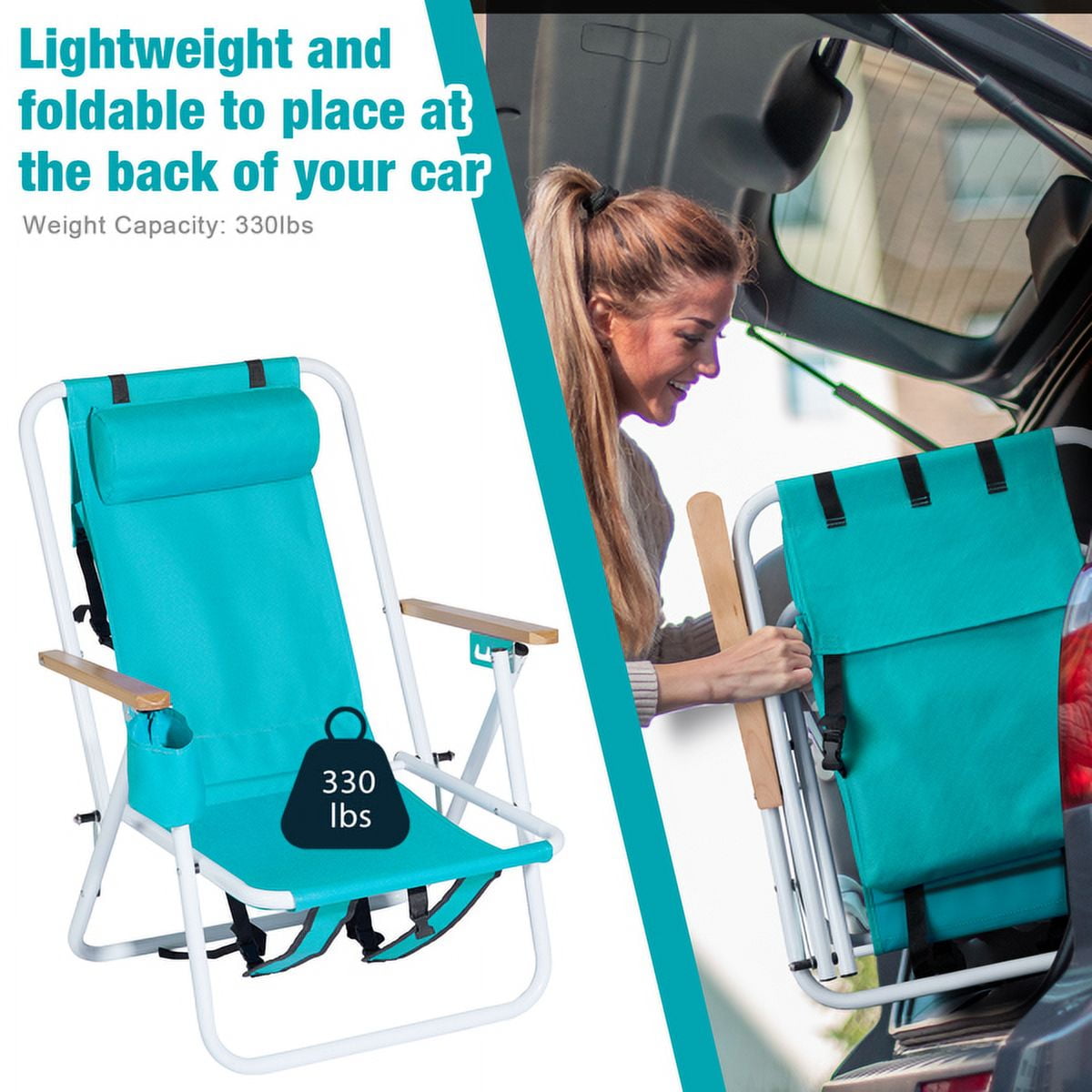 2 Pack Beach Chairs with Headrest & Cup Holder, Portable Backpack Camping Chairs 4-Position Lightweight Folding Chairs Support 265lbs