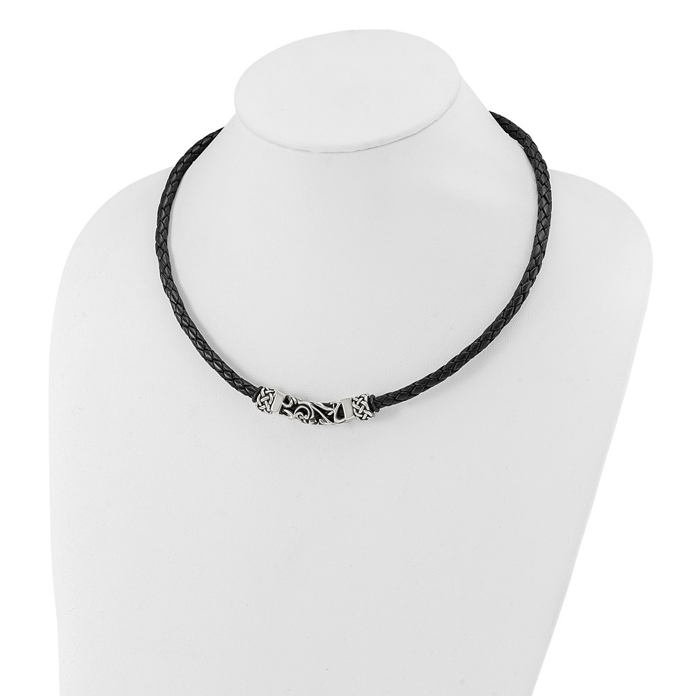 Auriga Fine Jewelry Stainless Steel Black Leather with Antiqued Beads 19.75 inch Necklace for Men 19.75"