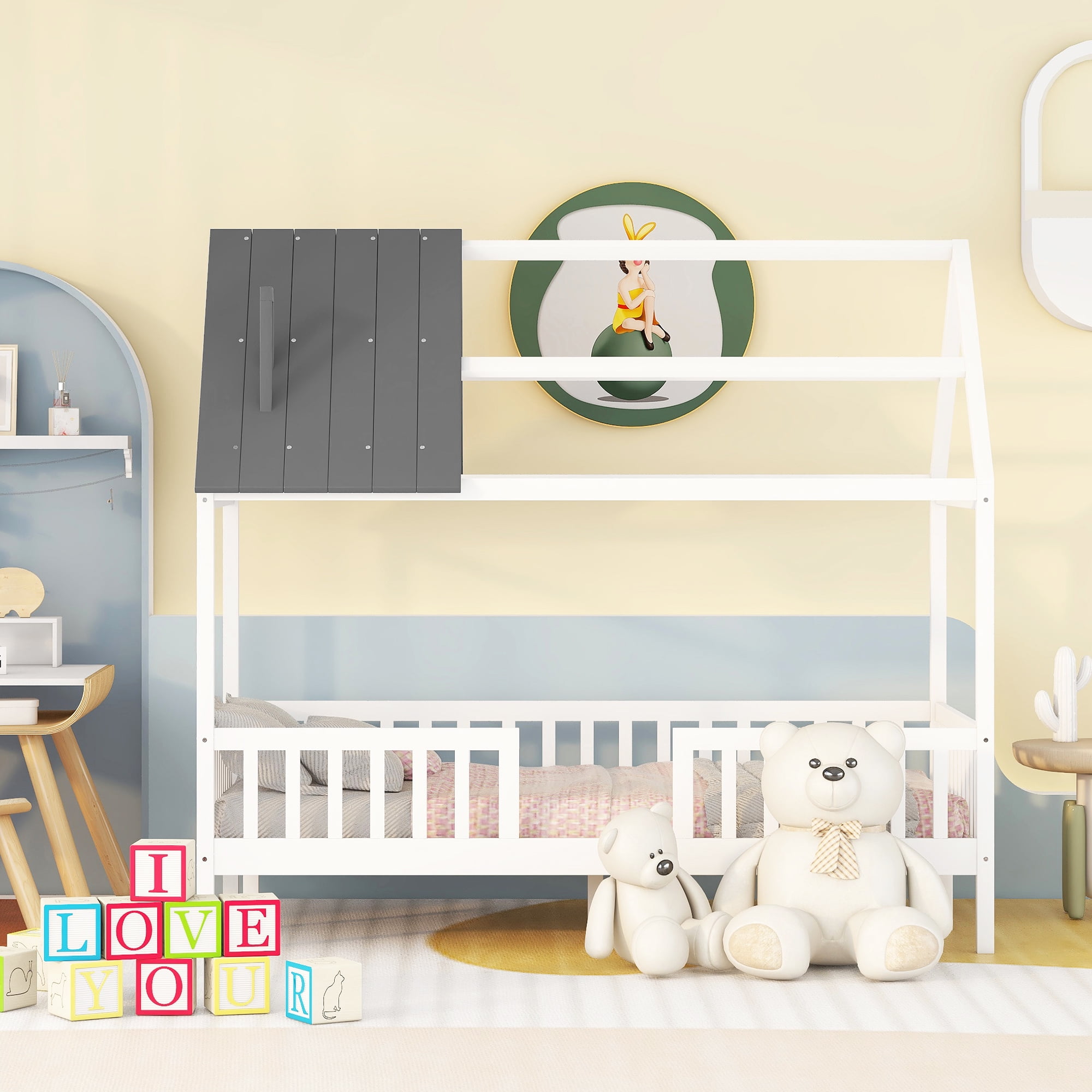 Bellemave Twin House Bed, Twin Size Wood Bed Frame with Roof and Fence, Montessori Beds Frame with Slats, No Box Spring Needed (White+Gray)
