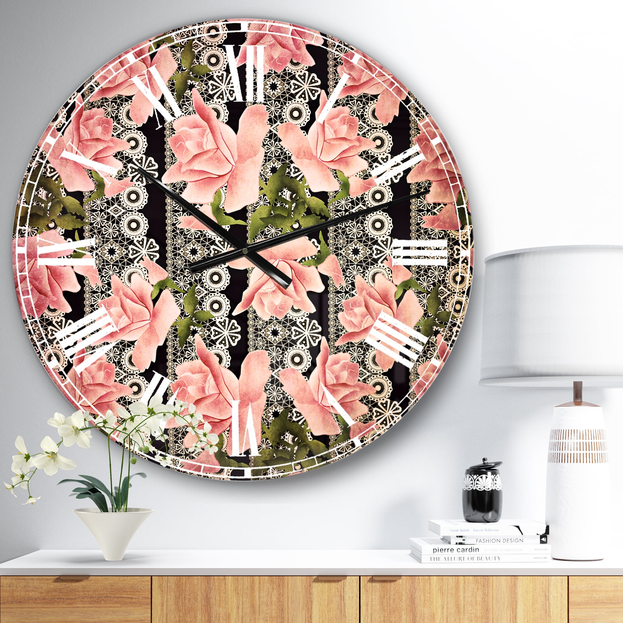 Designart 'Black Lacy Roses Pattern' Traditional wall clock