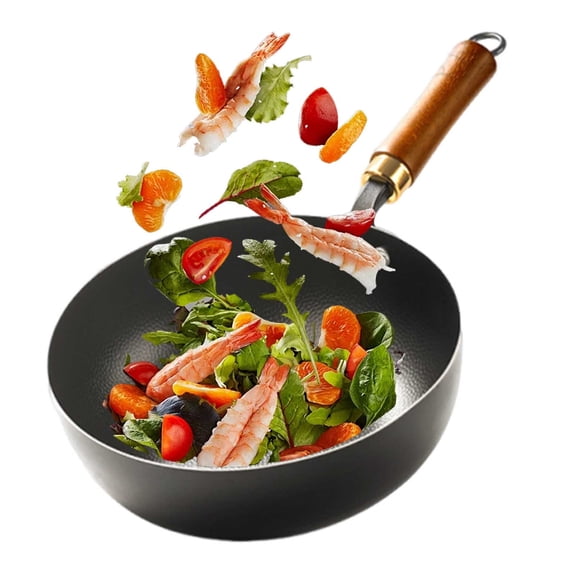 Traditional Chinese iron wok pan with round mouth, home cooking pot gadget, non-stick coating, multifunctional frying pan for braising, frying, wok, simmering