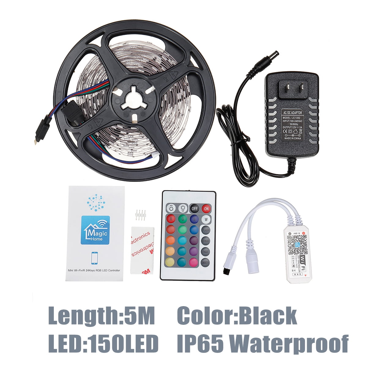 5M 5050 SMD 12V Waterproof 150LED RGB Strip Light String Ribbon Tape Home Party 