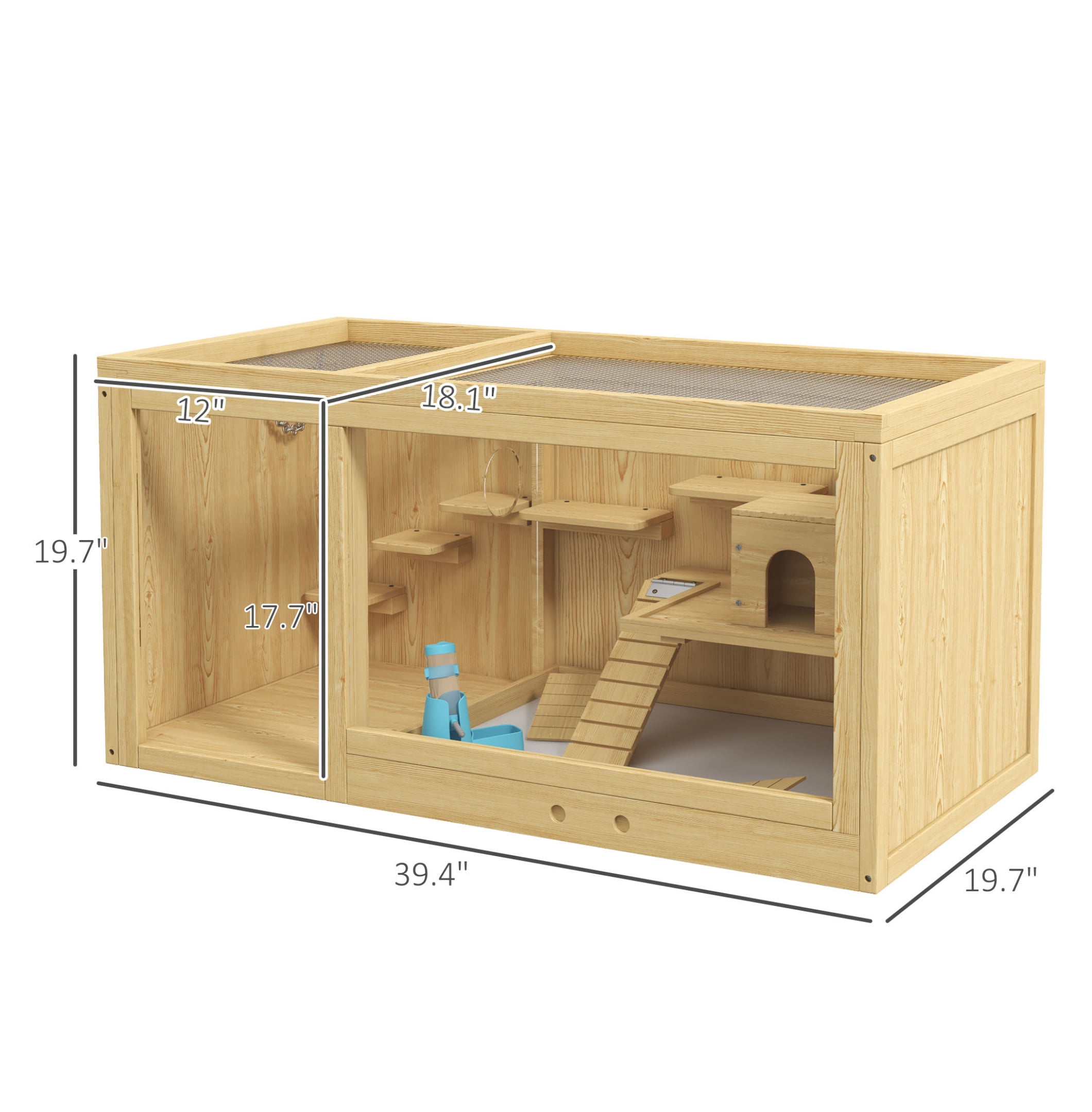 Wooden Hamster Cage, Large Gerbil Habitat, Multi-Level Small Animal Cage w/Tray