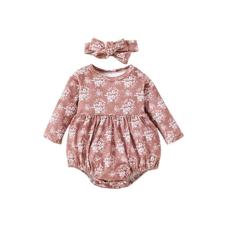 

JYYYBF 0-24M Infant Baby Girls Romper Cute Floral Print Round Neck Long Sleeve Playsuit+Headband Spring Fall Clothing Pink 6-12 Months