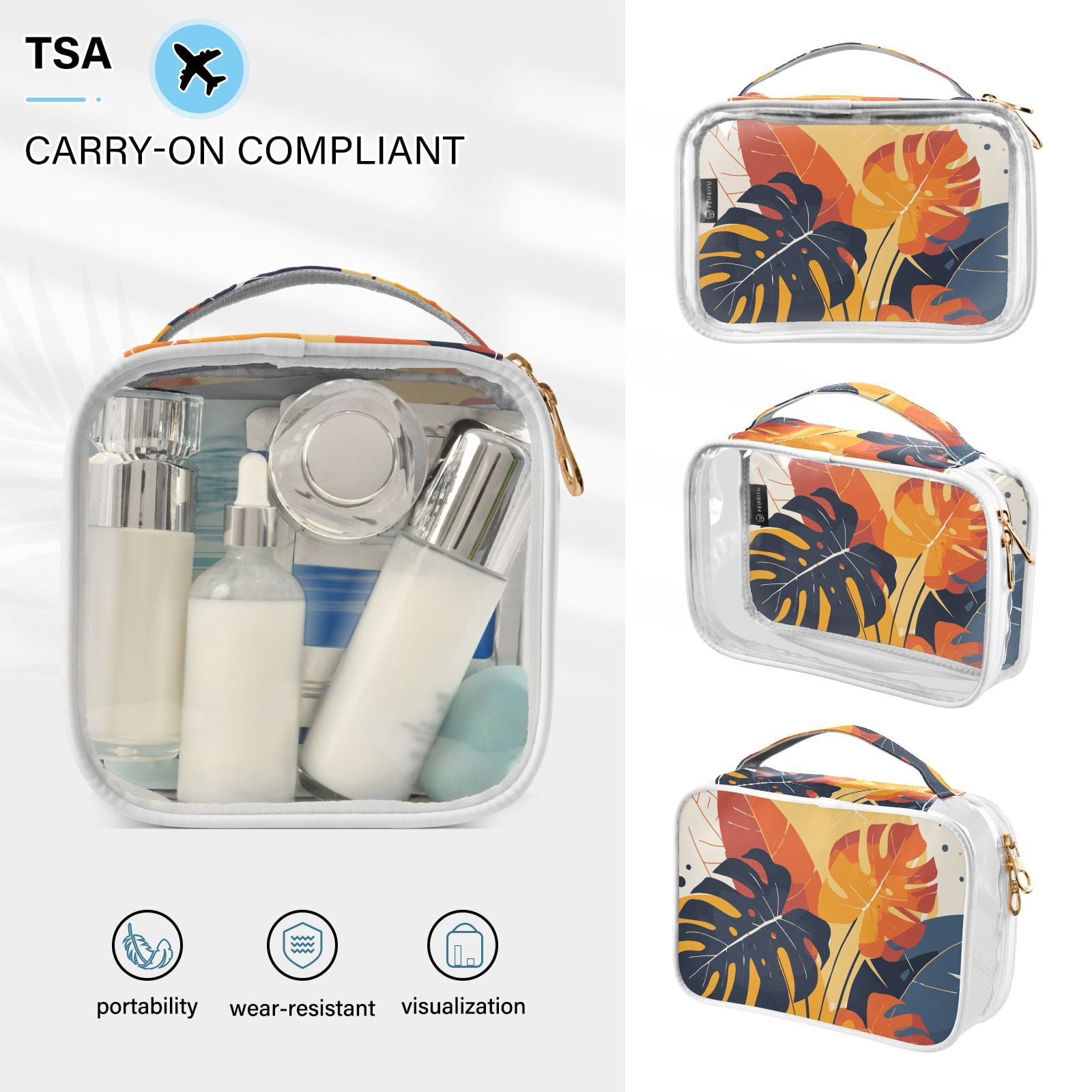 Clear Makeup Bags with Handle Large Opening 2 Pack Set Toiletry Bag Quart Size Bag, for Women Man Traveling Travel Essentials, Toiletries and Other. Tropical Plant Leafs