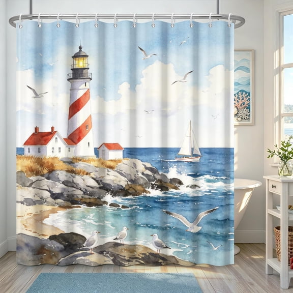 Watercolor Lighthouse Shower Curtain Coastal Nautical Ocean Beach Seascape Fabric Bathroom Decor with Hooks 71x71 inches
