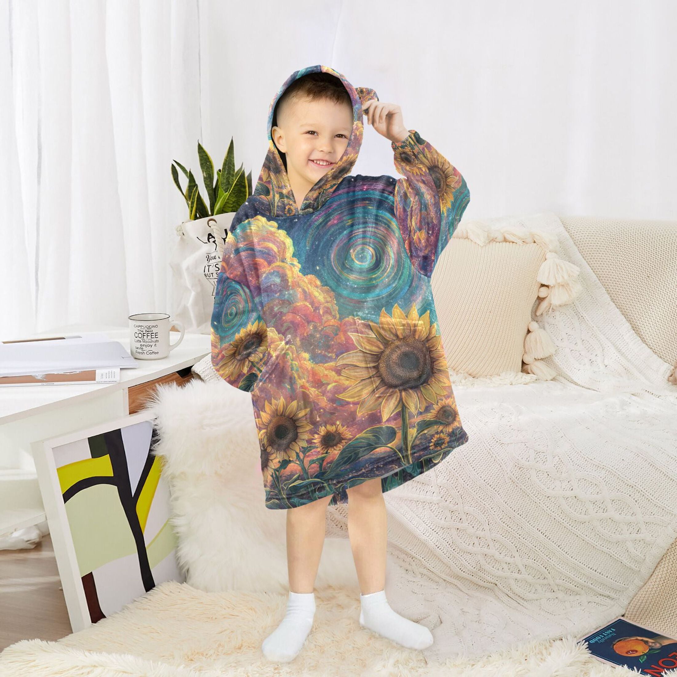 YAZAOO Kids Wearable Blanket Hoodie Warm and Cozy Sunflowers under A Cosmic Sky Flannel Sweatshirt