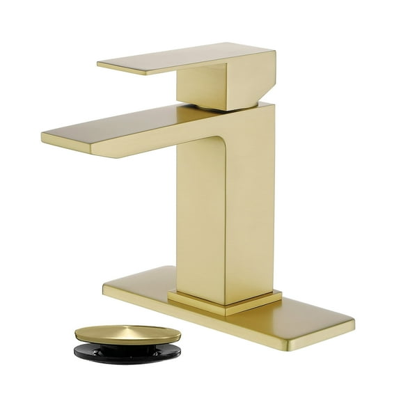 Cobbe Single-Handle Bathroom Sink Faucet for Vanity Waterfall Spout Design Single-Hole Installation With Pop-Up Drain Brushed Gold