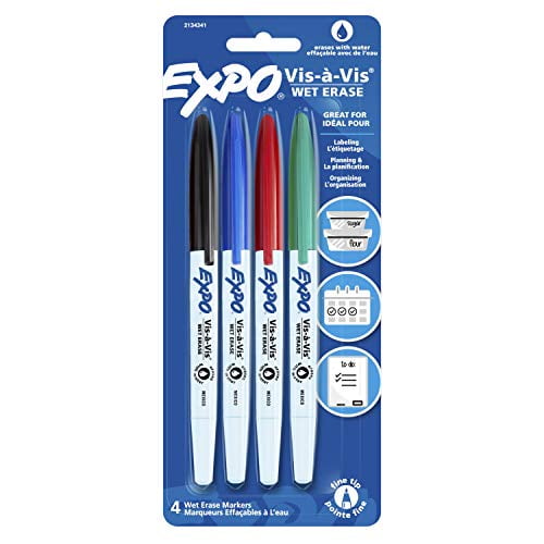 EXPO 16074 Vis-A-Vis Wet-Erase Overhead Transparency Markers, Fine Point, Assorted Colors, 4-Count