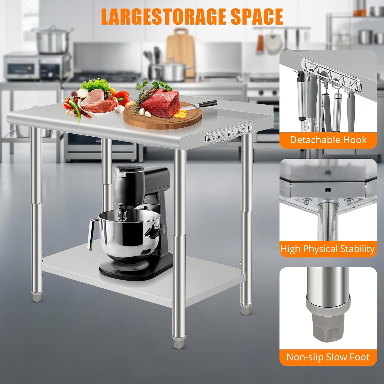 Stainless Steel Work Table Commercial.  Metal Utility Table w/ Adjustable Heights. for Home Garage Restaurant