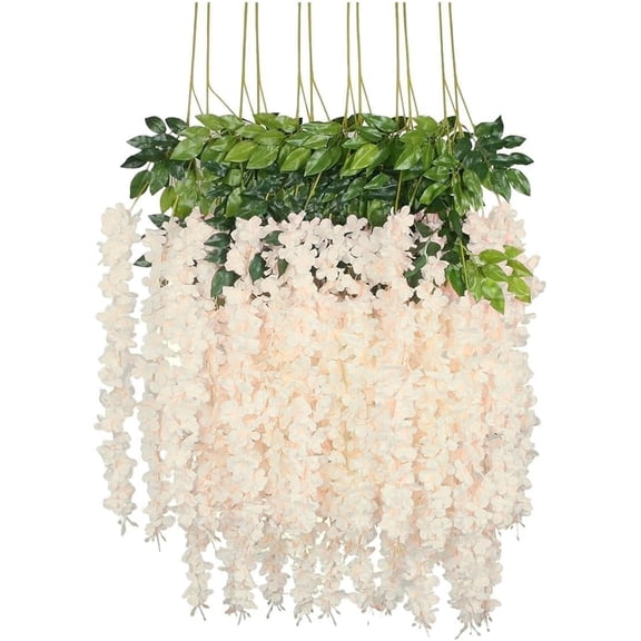 Flores Artificiales De Decoracion Glicina Colgantes De Wisteria para Jardín Exterior Hogar Fiesta Boda Plantas Artificiales Decorativas Flores Artificiales Realistas (Beige 12 Piezas)
