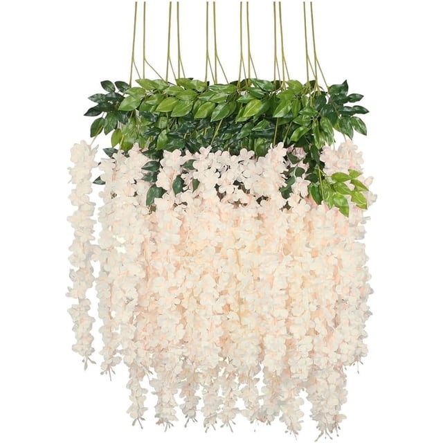 Flores Artificiales De Decoracion Glicina Colgantes De Wisteria para Jardín Exterior Hogar Fiesta Boda Plantas Artificiales Decorativas Flores Artificiales Realistas (Beige 12 Piezas)