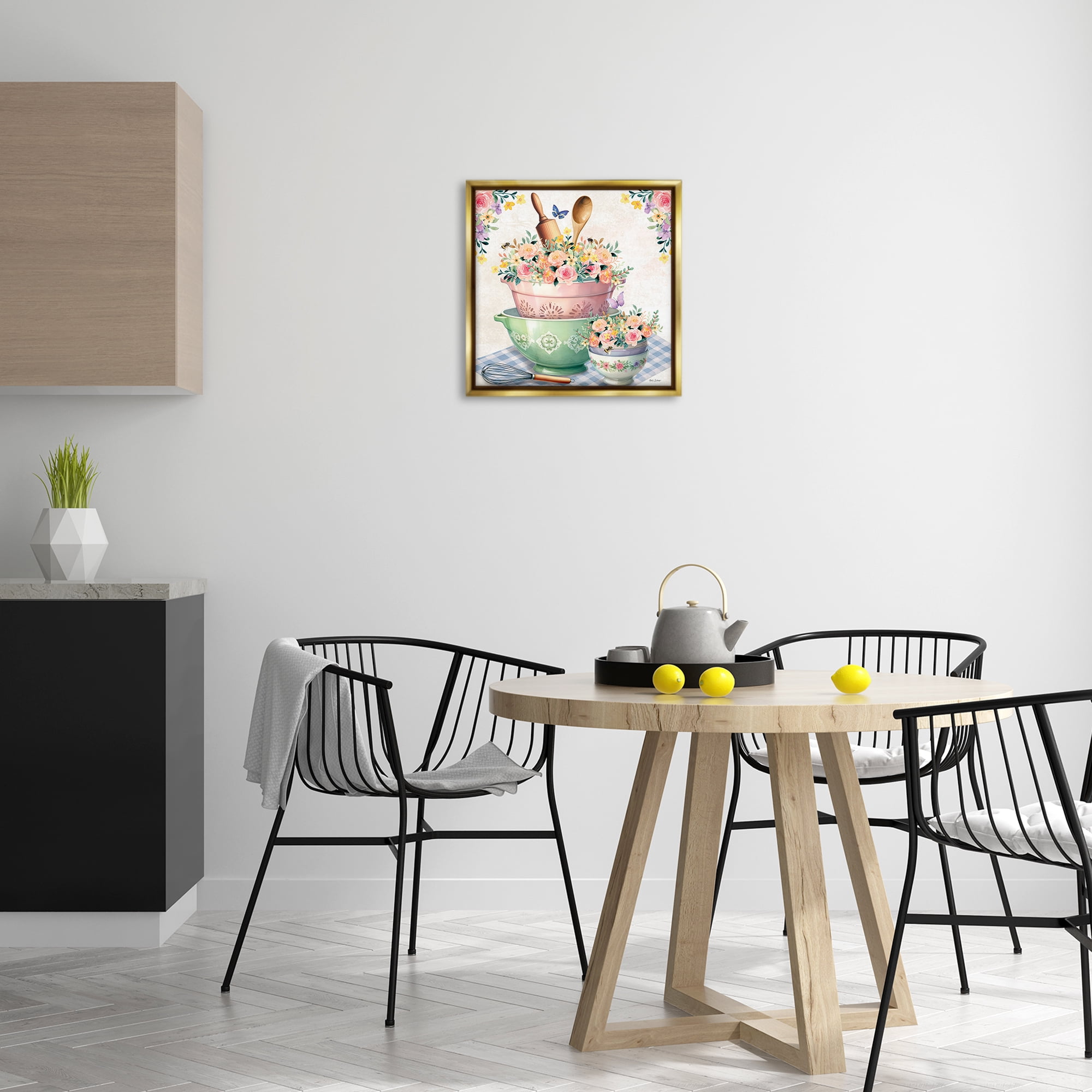 Stupell Industries Floral Kitchen Bowls Stack Food & Beverage Painting Gold Floater Framed Canvas Art Print Wall Art, 18 x 18