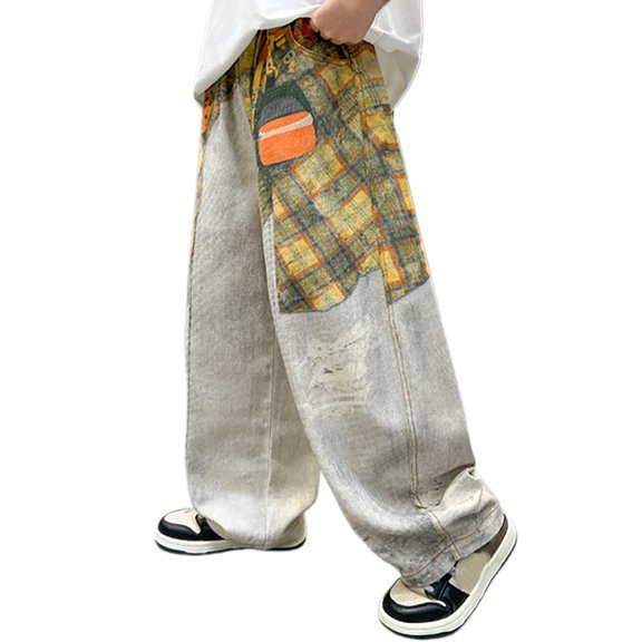 Boys' Patchwork Wide Leg Jeans Kids' Cute Printed Casual Loose Straight Leg Pants Kids Baggy Cartoon Embroidery Fashion Jeans
