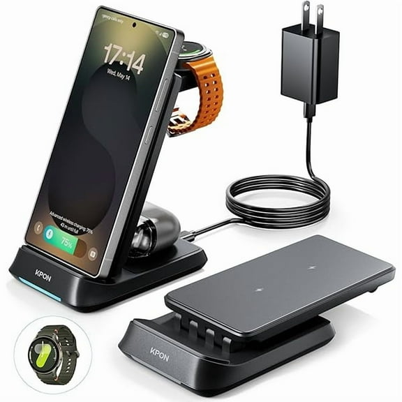 0829 Kpon Wireless Charging Station for Samsung Apple Thick Cases of 10MM/Otterbox/Popsocket, Wireless Charger for Android iPhone Apple Watch Samsung Galaxy S25/24/Z Flip/Fold/Galaxy Watch Ultra/7/6