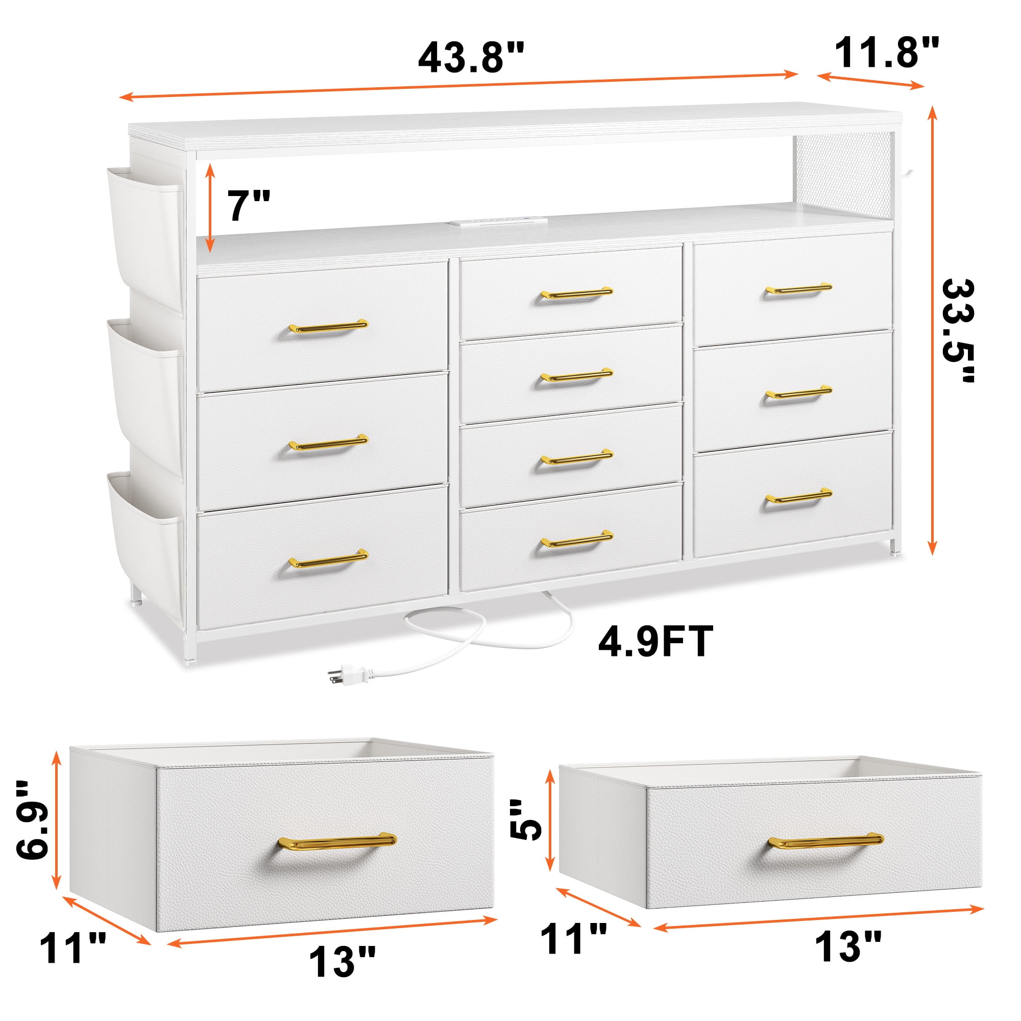EnHomee White Dresser TV Stand with Power Outlets &LED Lights&Entertainment Center Wide Dresser for Bedroom with 10 Drawers Side Pockets & Hook Fabric Chest of Drawers