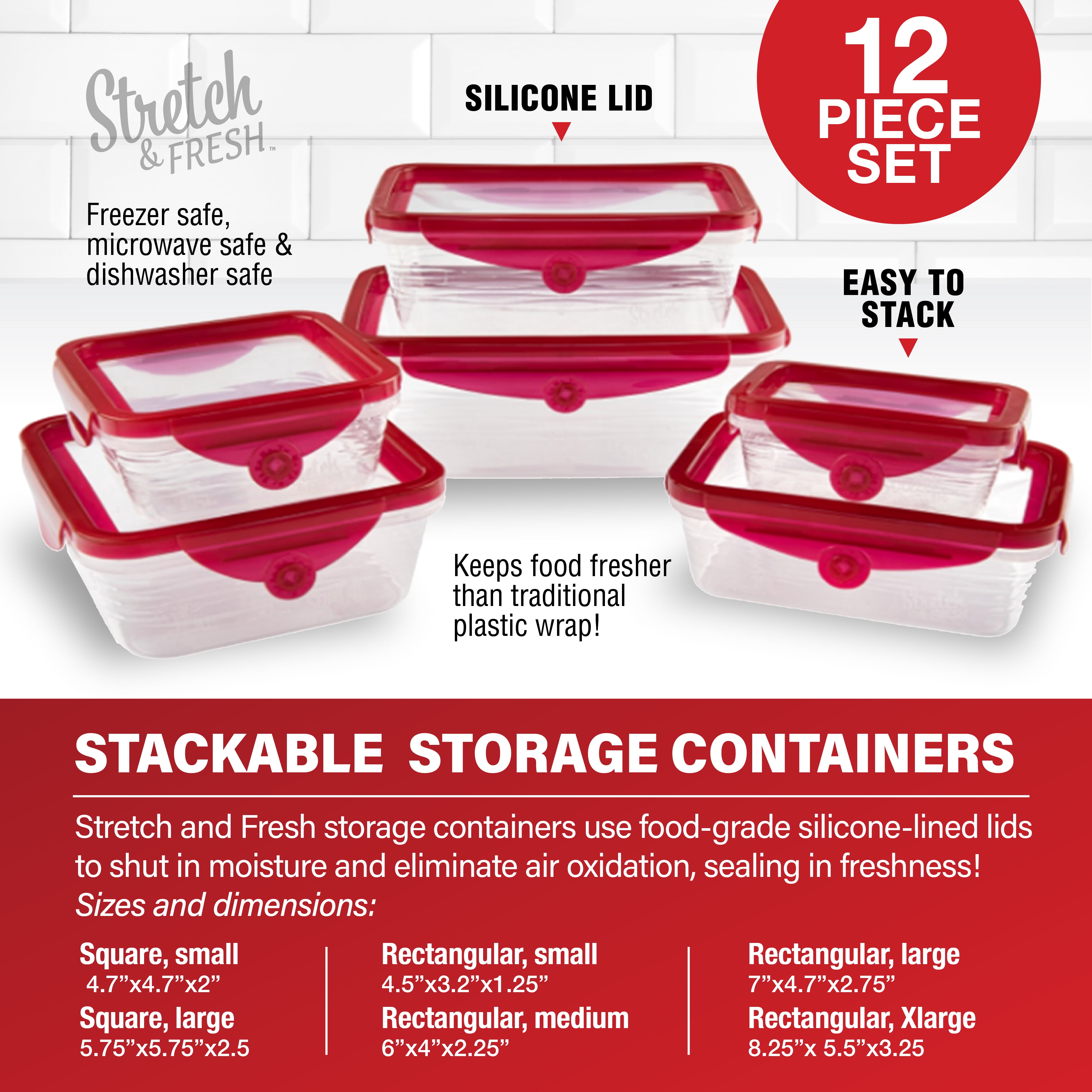 STRETCH and FRESH Silicone Food Storage Containers Airtight Lids for Solid Food and Leak-Proof for Soups and Sauces