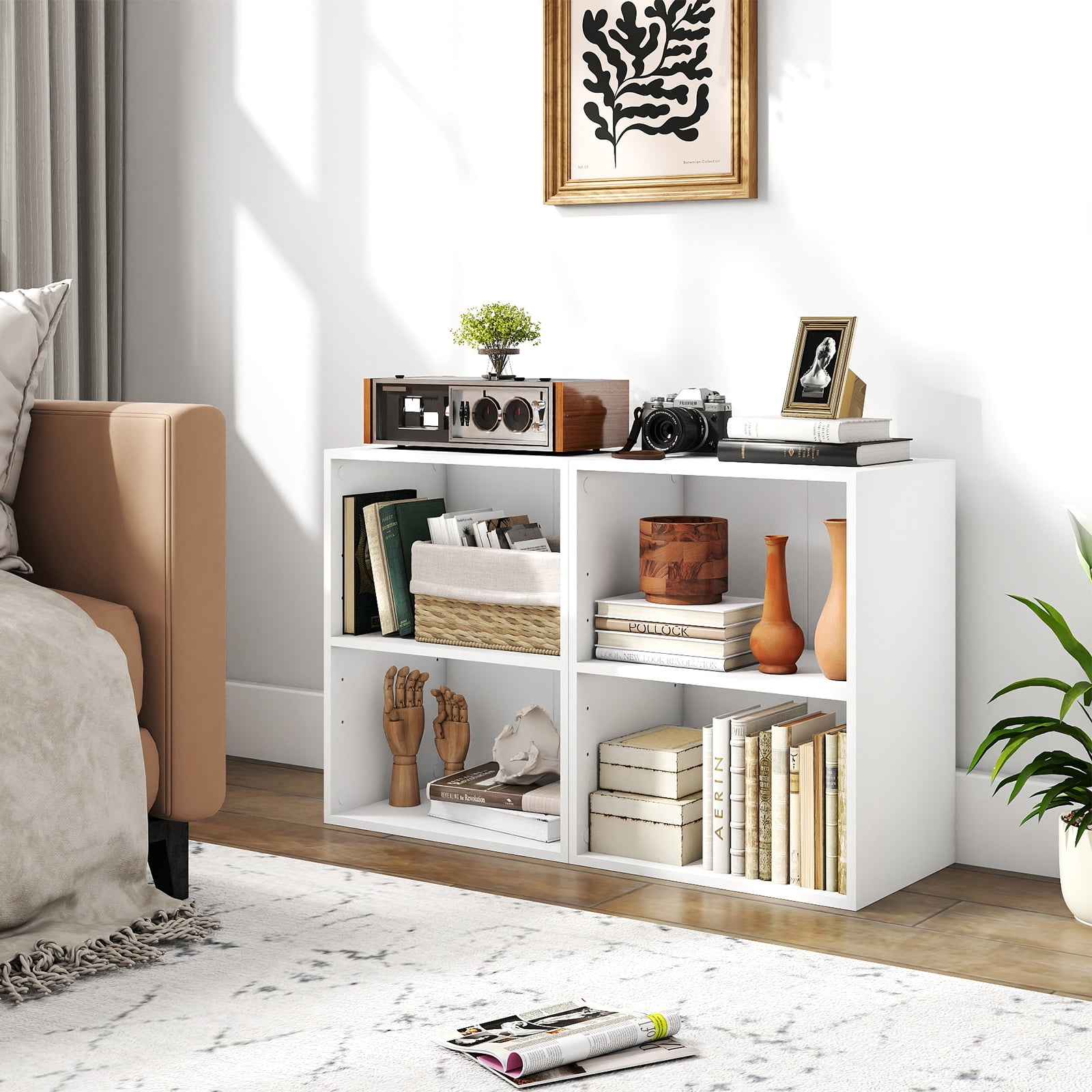 Costway 2-Cube Bookcase with 5-Position Adjustable Shelf, Anti-Toppling Kits for Study White