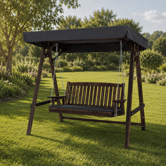UBesGoo 4FT 2-Person Carbonized Finish Fir Wood Porch Swing Set, Vertical Slat Back Patio Swing with Adjustable Canopy & Seat Cushion, Outdoor A Frame Garden Swing