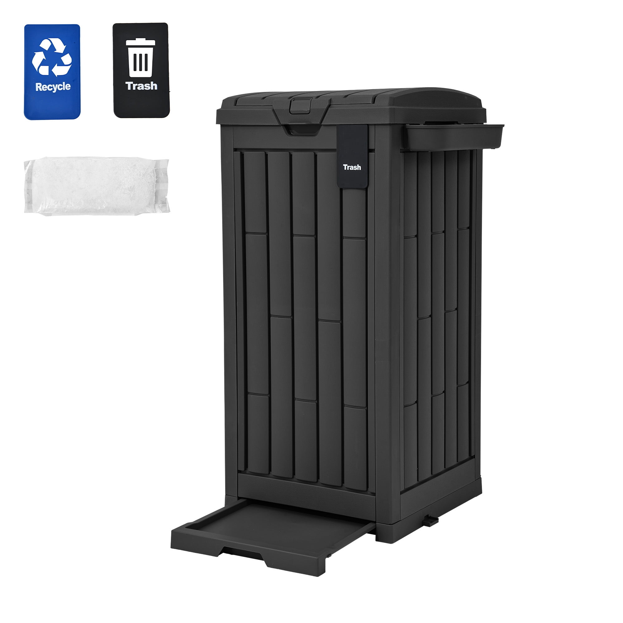 Uforic 38 Gallon Outdoor Resin Trash Can with Lid, Includes Sorting Labels, Ash Holder, Stakes and Suction Cups, Hideaway Storage for Patio Backyard Garden, Black