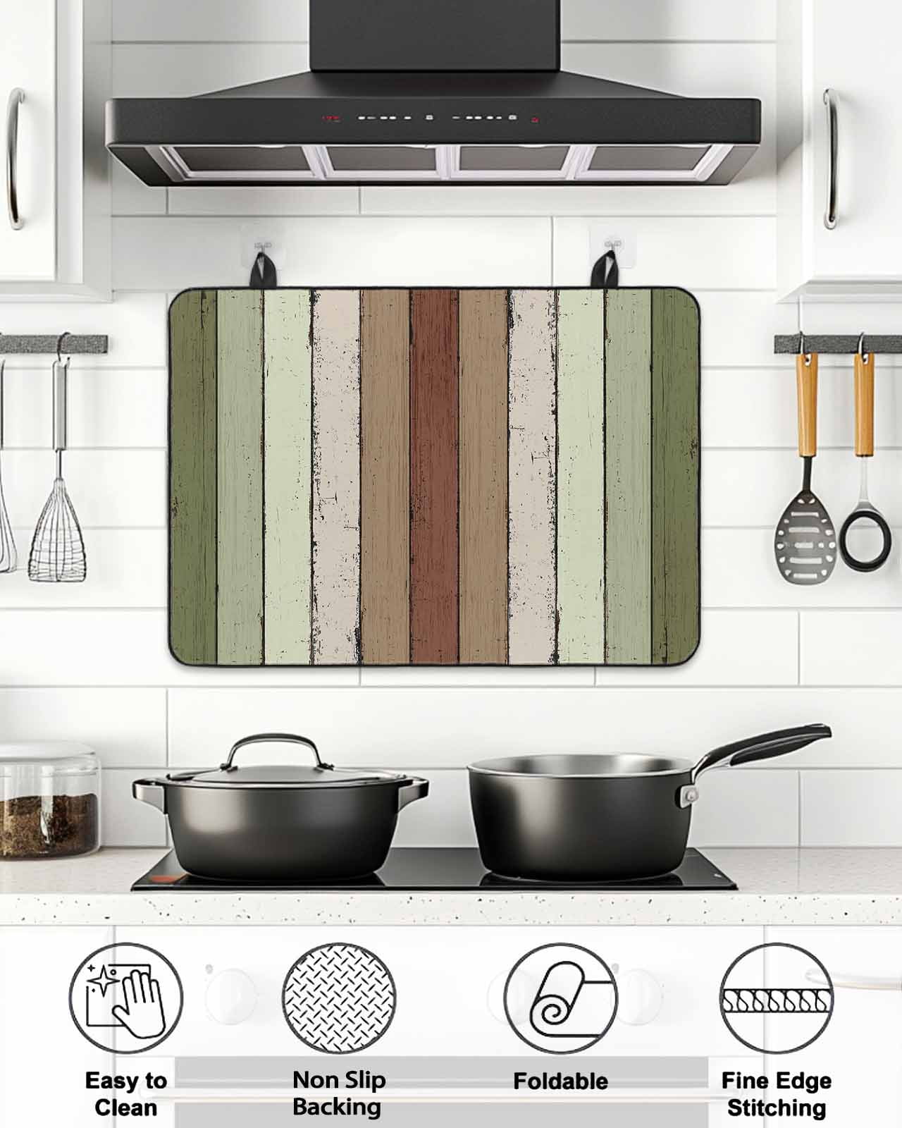 Stove Top Covers for Electric Stove, Sage Green Glass Stovetop Cover Protector, Farmhouse Wood Grain Vintage Brown Striped Induction Cooktop Protector Oven Mat for Kitchen Countertop 36"x21"