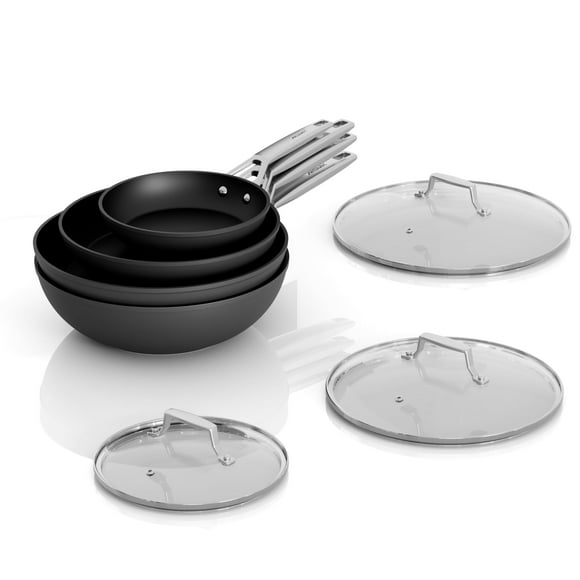 MSMK Juego de sartenes antiadherentes de 7 piezas, sartenes de 8, 10, 12 pulgadas y wok de inducción de 12 pulgadas con tapas de vidrio templado, distribución de calor PRO, asas que se mantienen frías