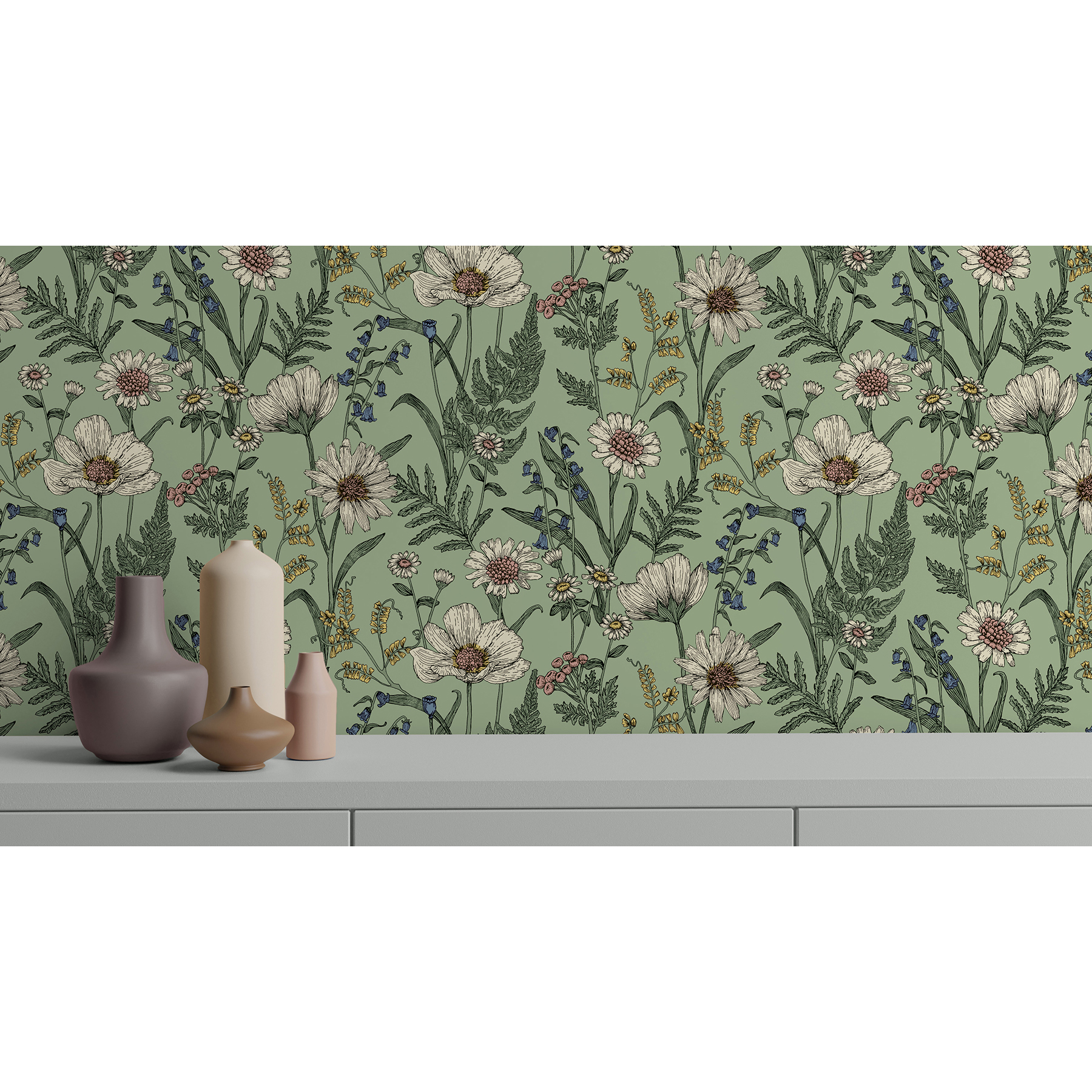 Fine Decor Arden Sage Wild Meadow Wallpaper, 20.5-in by 33-ft