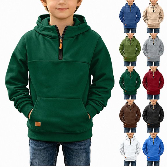 DJDLJWCJ Boys Hoodies Fleece Lined Winter Warm Long Sleeve Pullover Hooded Sweatshirt Quarter Zipper Solid Color Sweatshirts Green Size 4T
