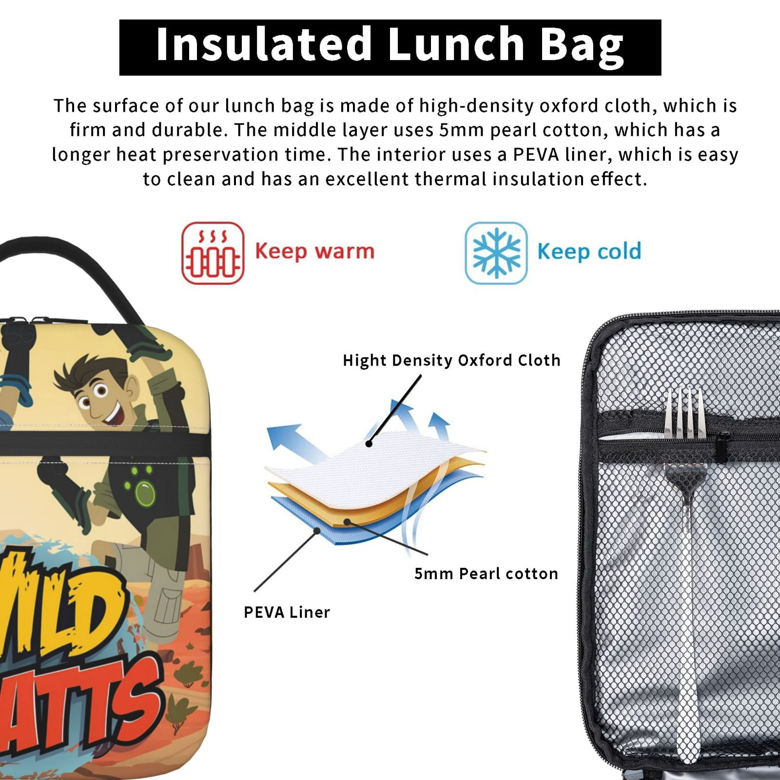 Wild Kratts Lunch Bag Insulated Portable Reusable Lunch Box With Zipper For Picnic Work Office Travel