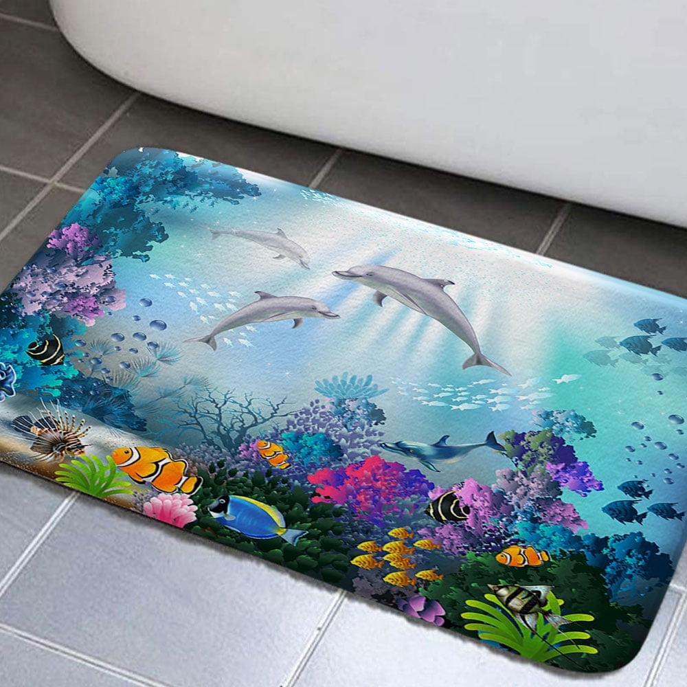 Ocean Themed Bathroom Rug, Sea Animal Bath Mat, Tropical Fish, Non