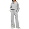 thumbnail image 2 of Previn Women's Billowy 2 Piece Outfit Band Collar Long Sleeve Shirt With Pants Set Comfy Half Zip Chic Fall Jogger Activewear Set Light Grey Medium, 2 of 5