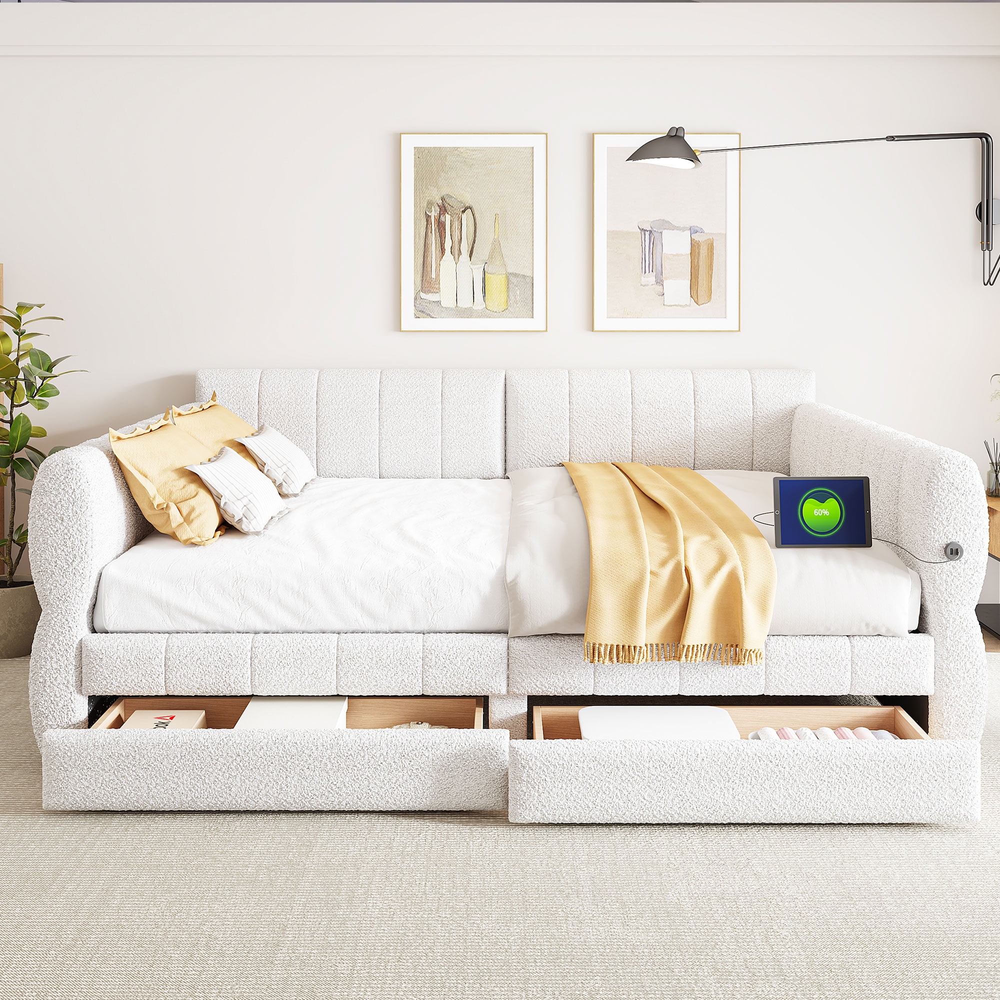 Queen Size Upholstered Platform Bed with USB and 2 Drawers Storage