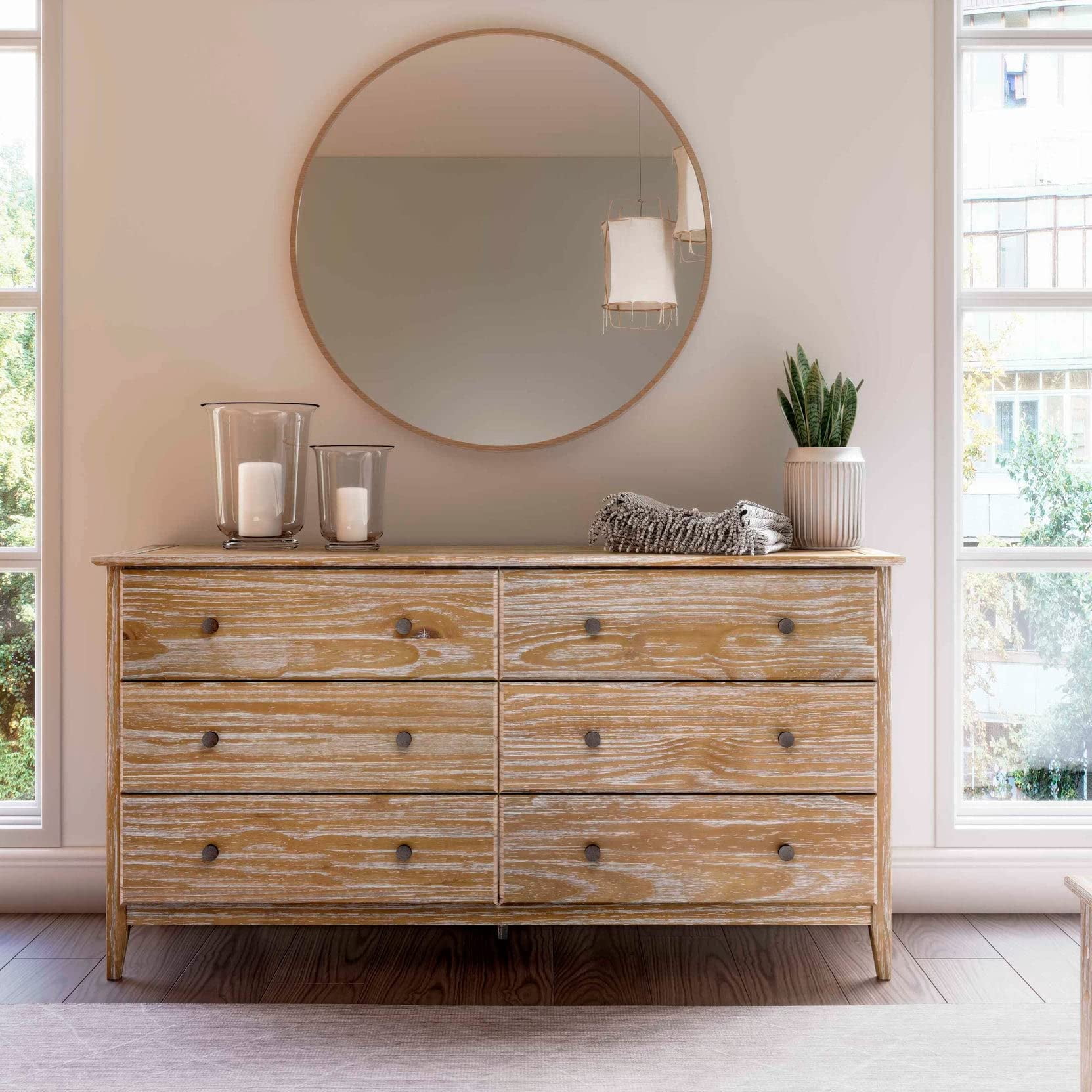 Grain Wood Furniture Greenport 6-Drawer Bedroom Dresser, Solid Wood with a Brushed Driftwood Finish