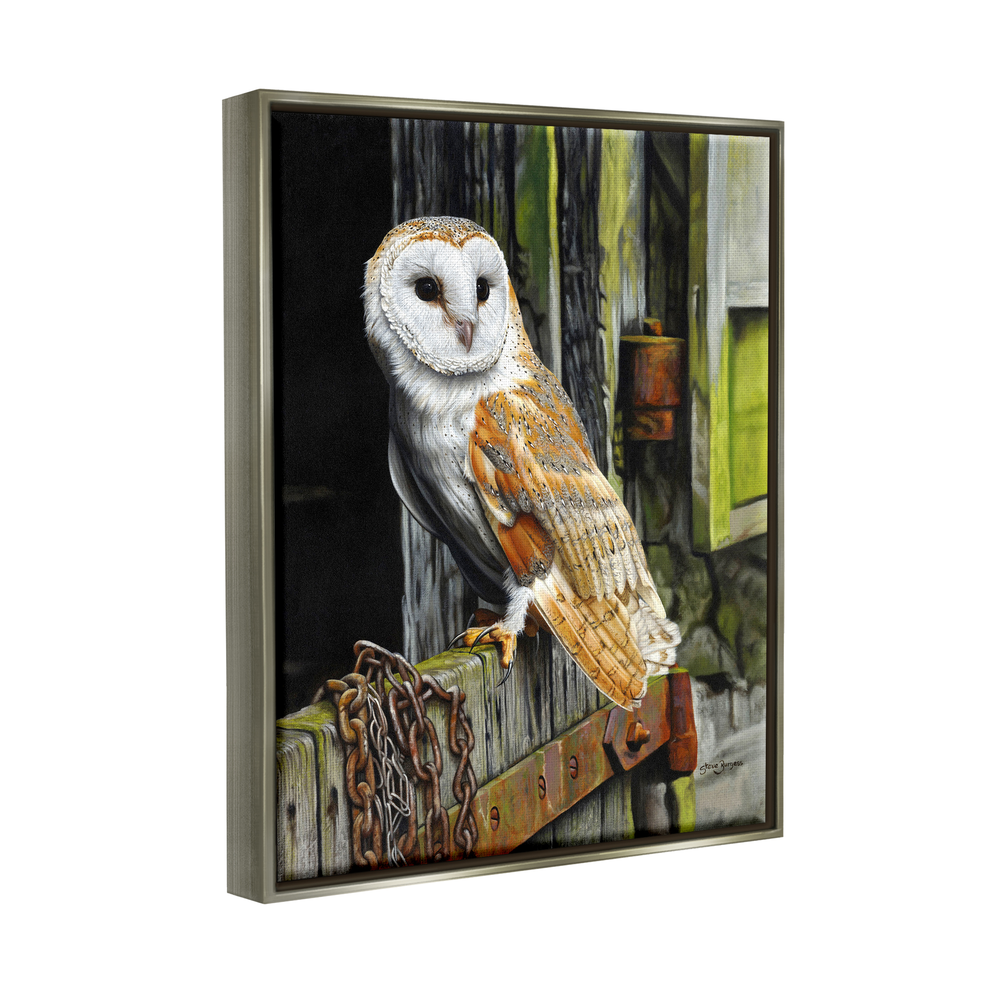 Stupell Industries Owl Perched on Barn Door Animals & Insects Painting Gray Floater Framed Art Print Wall Art, 17 x 21